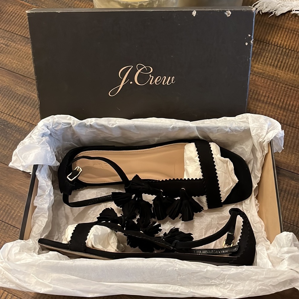 J. Crew - Black Suede Tassel Sandals - Style No. E7285 - Women’s Size 8.5 - Picture 2 of 12